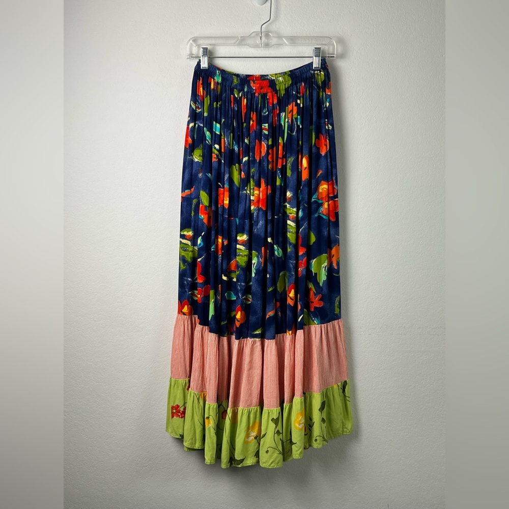 Cactus Flower Rayon Colorful Floral Checked Boho Hippy Tiered Ruffle Skirt